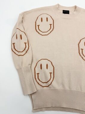 Miou Muse Smiley Face Sweater Cream/Tan Oversized Knit Pullover Small